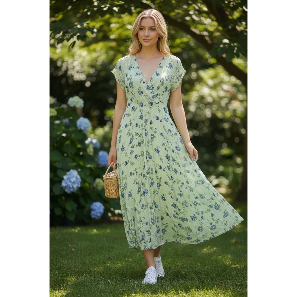 April Cornell Womens Green Floral Rayon Maxi Dress with Slip Sage Blue Large